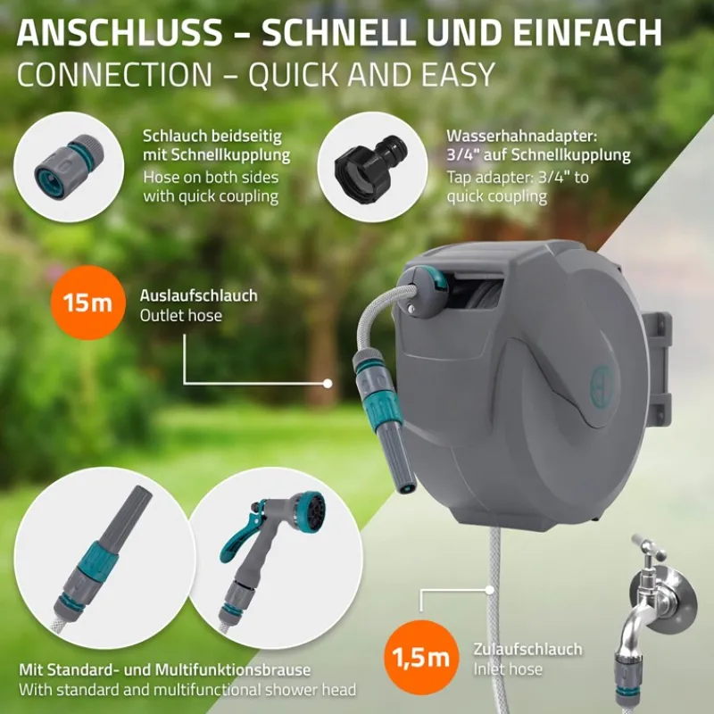 Schlauchaufroller 15m+1.5m Schlauchtrommel Wand-Schlauchbox RollUp mit Arretierstop und 9 Sprühfunktionen 180° Schwenkbar-ECD Germany New