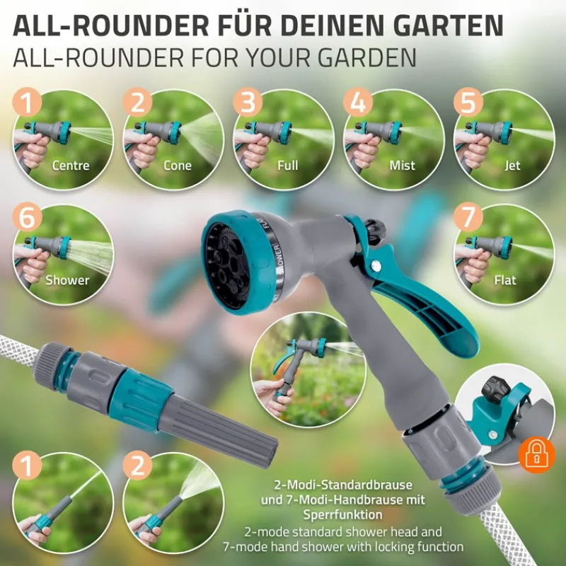 Schlauchaufroller 15m+1.5m Schlauchtrommel Wand-Schlauchbox RollUp mit Arretierstop und 9 Sprühfunktionen 180° Schwenkbar-ECD Germany New