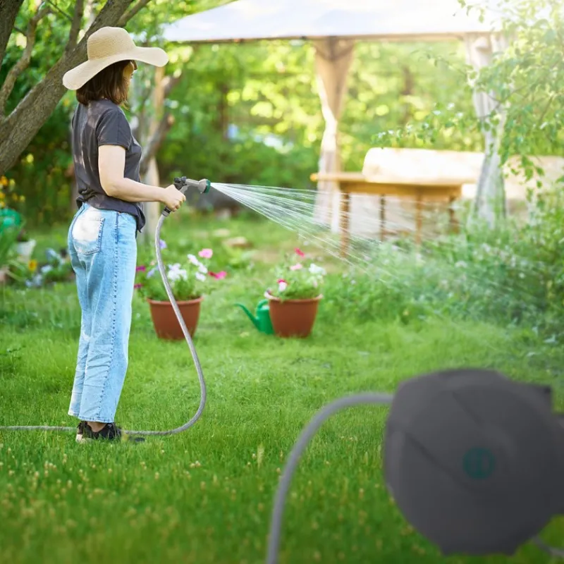 Schlauchaufroller 15m+1.5m Schlauchtrommel Wand-Schlauchbox RollUp mit Arretierstop und 9 Sprühfunktionen 180° Schwenkbar-ECD Germany New