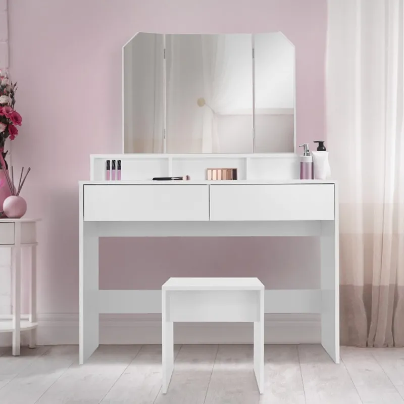 Schminktisch Frisiertisch 100x40x140 cm in Weiß mit Spiegel 3-tlg, 2 Schubladen & Hocker ML-Design-ECD Germany Hot