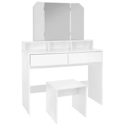 Schminktisch Frisiertisch 100x40x140 cm in Weiß mit Spiegel 3-tlg, 2 Schubladen & Hocker ML-Design-ECD Germany Hot