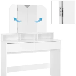 Schminktisch Frisiertisch 100x40x140 cm in Weiß mit Spiegel 3-tlg, 2 Schubladen & Hocker ML-Design-ECD Germany Hot