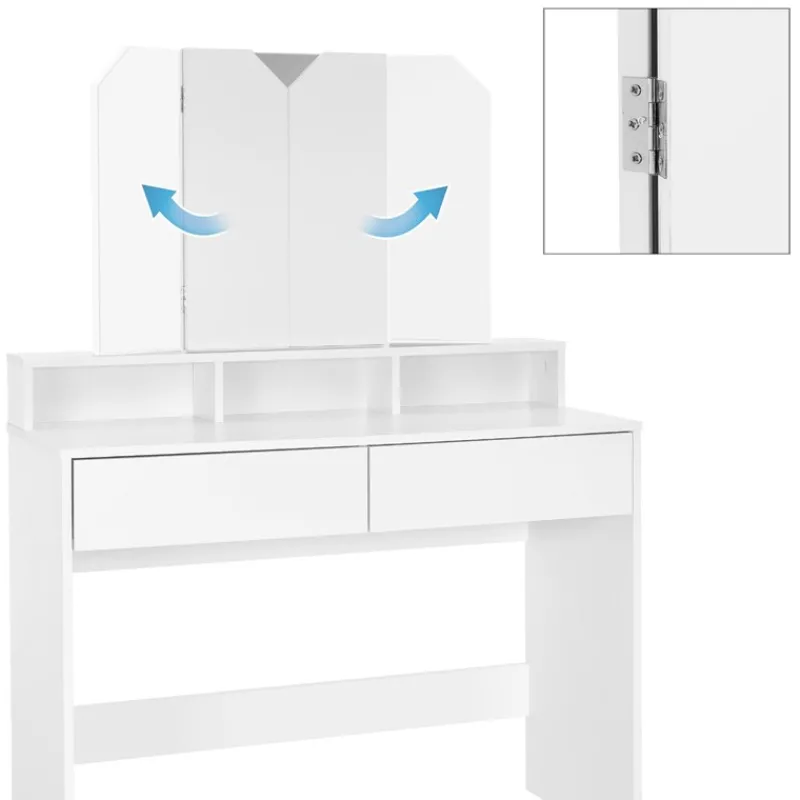 Schminktisch Frisiertisch 100x40x140 cm in Weiß mit Spiegel 3-tlg, 2 Schubladen & Hocker ML-Design-ECD Germany Hot