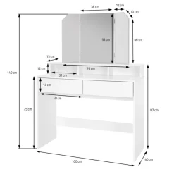 Schminktisch Frisiertisch 100x40x140 cm in Weiß mit Spiegel 3-tlg, 2 Schubladen & Hocker ML-Design-ECD Germany Hot