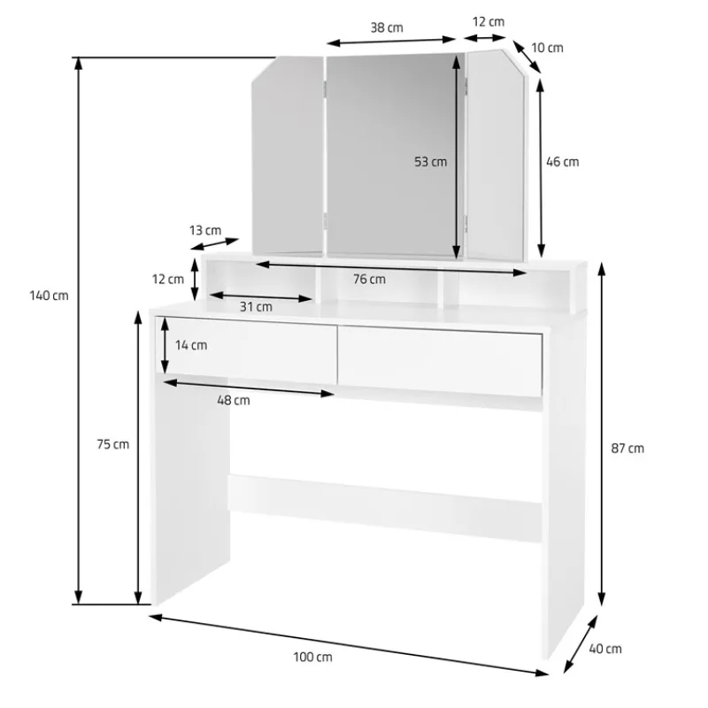 Schminktisch Frisiertisch 100x40x140 cm in Weiß mit Spiegel 3-tlg, 2 Schubladen & Hocker ML-Design-ECD Germany Hot