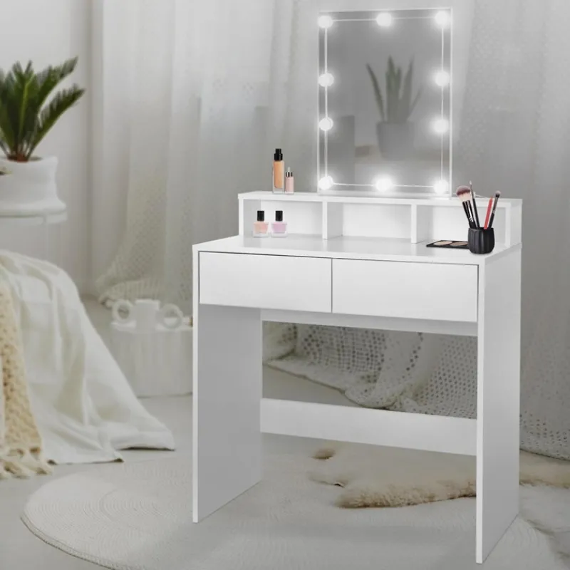 Schminktisch Frisiertisch 80x40x140 cm in Weiß mit LED-Beleuchtung, Spiegel, 2 Schubladen & 3 Fächer ML-Design-ECD Germany Clearance