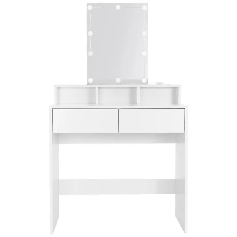 Schminktisch Frisiertisch 80x40x140 cm in Weiß mit LED-Beleuchtung, Spiegel, 2 Schubladen & 3 Fächer ML-Design-ECD Germany Clearance