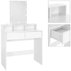 Schminktisch Frisiertisch 80x40x140 cm in Weiß mit LED-Beleuchtung, Spiegel, 2 Schubladen & 3 Fächer ML-Design-ECD Germany Clearance