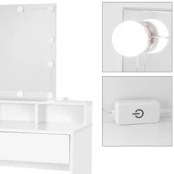 Schminktisch Frisiertisch 80x40x140 cm in Weiß mit LED-Beleuchtung, Spiegel, 2 Schubladen & 3 Fächer ML-Design-ECD Germany Clearance