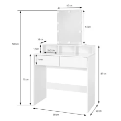 Schminktisch Frisiertisch 80x40x140 cm in Weiß mit LED-Beleuchtung, Spiegel, 2 Schubladen & 3 Fächer ML-Design-ECD Germany Clearance