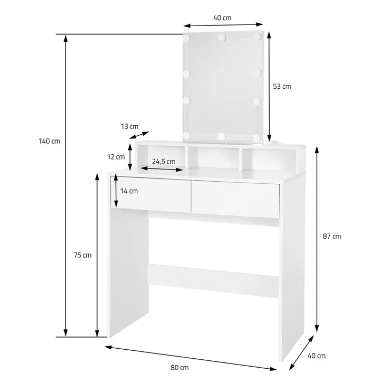 Schminktisch Frisiertisch 80x40x140 cm in Weiß mit LED-Beleuchtung, Spiegel, 2 Schubladen & 3 Fächer ML-Design-ECD Germany Clearance