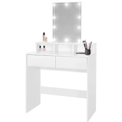 Schminktisch Frisiertisch 80x40x140 cm in Weiß mit LED-Beleuchtung, Spiegel, 2 Schubladen & 3 Fächer ML-Design-ECD Germany Clearance