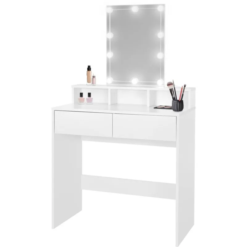 Schminktisch Frisiertisch 80x40x140 cm in Weiß mit LED-Beleuchtung, Spiegel, 2 Schubladen & 3 Fächer ML-Design-ECD Germany Clearance