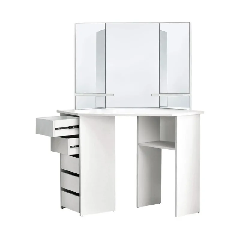 Schminktisch Frisiertisch 110x142x54 cm in Weiß Ecktisch mit Spiegel 3-tlg & 5 Schubladen ML-Design-ECD Germany