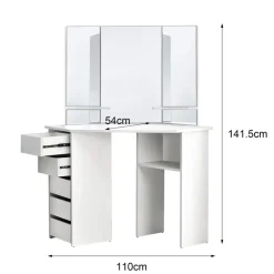 Schminktisch Frisiertisch 110x142x54 cm in Weiß Ecktisch mit Spiegel 3-tlg & 5 Schubladen ML-Design-ECD Germany