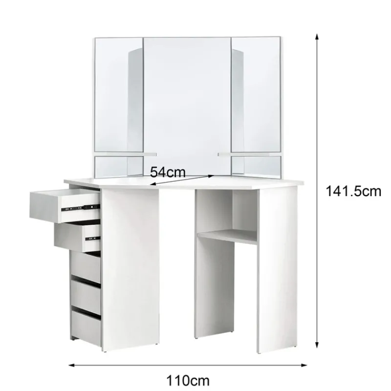 Schminktisch Frisiertisch 110x142x54 cm in Weiß Ecktisch mit Spiegel 3-tlg & 5 Schubladen ML-Design-ECD Germany