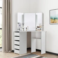 Schminktisch Frisiertisch 110x142x54 cm in Weiß Ecktisch mit Spiegel 3-tlg & 5 Schubladen ML-Design-ECD Germany