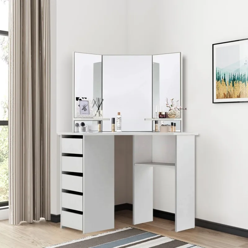 Schminktisch Frisiertisch 110x142x54 cm in Weiß Ecktisch mit Spiegel 3-tlg & 5 Schubladen ML-Design-ECD Germany