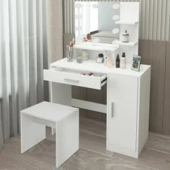 Schminktisch Frisiertisch 90x38x137 cm in Weiß mit LED Beleuchtung, Spiegel, Schublade, Schrank & Hocker ML-Design-ECD Germany Hot