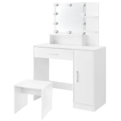 Schminktisch Frisiertisch 90x38x137 cm in Weiß mit LED Beleuchtung, Spiegel, Schublade, Schrank & Hocker ML-Design-ECD Germany Hot