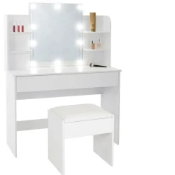 Schminktisch Frisiertisch 108x40x140 cm in Weiß mit Spiegel, LED Beleuchtung, Schublade & Hocker ML-Design-ECD Germany Hot