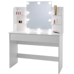 Schminktisch Frisiertisch 108x40x140 cm in Weiß mit Spiegel, LED Beleuchtung, Schublade & Hocker ML-Design-ECD Germany Hot