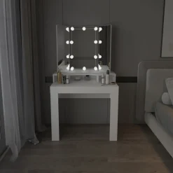 Schminktisch Frisiertisch 89,5x155x43,5 cm in Weiß mit LED Beleuchtung 3-tlg, Spiegel, Schublade & 3 Fächer ML-Design-ECD Germany