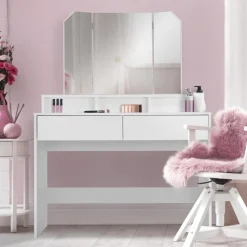 Schminktisch Frisiertisch 100x40x140 cm in Weiß mit Spiegel 3-tlg & 2 Schubladen ML-Design-ECD Germany Hot