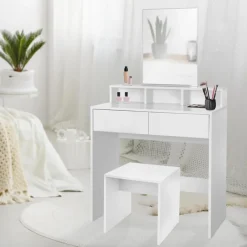 Schminktisch Frisiertisch 80x40x140 cm in Weiß mit Spiegel, 2 Schubladen, 3 Ablagen & Hocker ML-Design-ECD Germany Outlet
