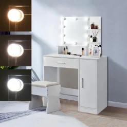 Schminktisch Frisiertisch 90x38x137 cm in Weiß mit LED Beleuchtung, Spiegel, Schublade, Schrank & 3 Ablagen ML-Design-ECD Germany Clearance