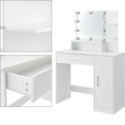 Schminktisch Frisiertisch 90x38x137 cm in Weiß mit LED Beleuchtung, Spiegel, Schublade, Schrank & 3 Ablagen ML-Design-ECD Germany Clearance