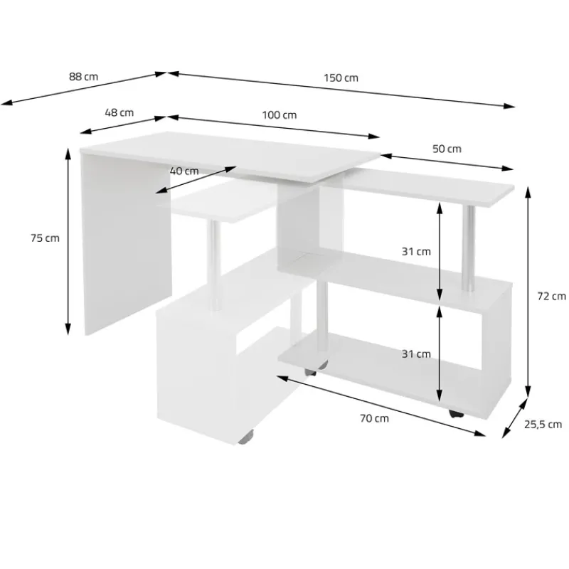 Schreibtisch mit vier Rädern 150x88x75 cm Weiß aus MDF ML-Design-ECD Germany Clearance
