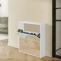 Schuhschrank mit zwei Fächern und Spiegel 63x17x67 cm Weiß ML-Design-ECD Germany Sale