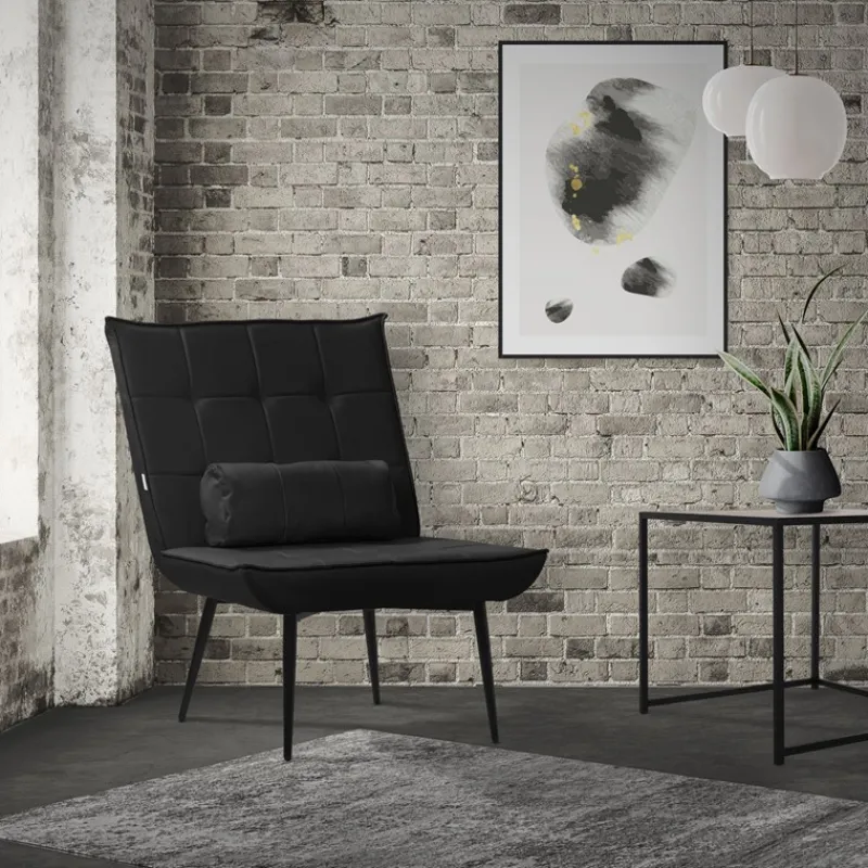 Sessel Mid Century aus Kunstleder Modern Schwarz Polstersessel mit Lendenkissen Relaxsessel ML-Design-ECD Germany Outlet