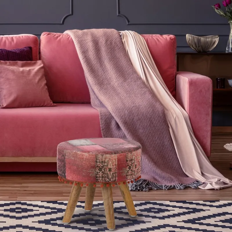 Sitzhocker 38x36 cm Rot aus Stoffbezug mit Holzbeine WOMO-Design-ECD Germany Clearance