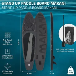 Stand Up Paddle aufblasbares SUP Board Makani 320x80x15 cm in Schwarz us PVC inkl. Pumpe und Tragetasche-ECD Germany Hot