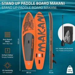 Stand Up Paddle aufblasbares SUP Board Makani 320x80x15 cm in Orange aus PVC inkl. Pumpe und Tragetasche-ECD Germany Best