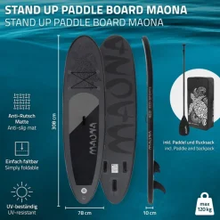 Stand Up Paddle aufblasbares SUP Board Maona 308x76x10 cm in Schwarz aus PVC inkl. Pumpe und Tragetasche-ECD Germany Clearance