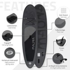 Stand Up Paddle aufblasbares SUP Board Maona 308x76x10 cm in Schwarz aus PVC inkl. Pumpe und Tragetasche-ECD Germany Clearance