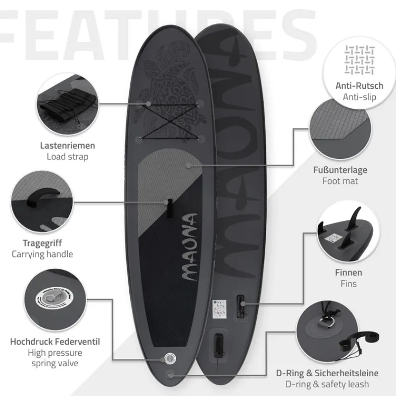 Stand Up Paddle aufblasbares SUP Board Maona 308x76x10 cm in Schwarz aus PVC inkl. Pumpe und Tragetasche-ECD Germany Clearance