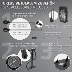 Stand Up Paddle aufblasbares SUP Board Maona 308x76x10 cm in Schwarz aus PVC inkl. Pumpe und Tragetasche-ECD Germany Clearance