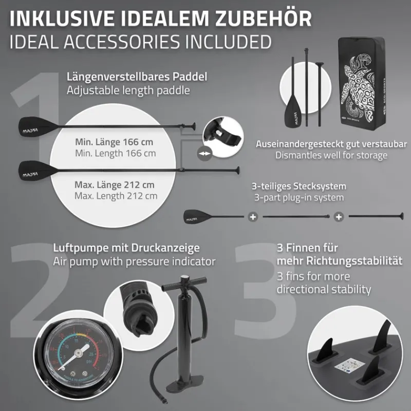Stand Up Paddle aufblasbares SUP Board Maona 308x76x10 cm in Schwarz aus PVC inkl. Pumpe und Tragetasche-ECD Germany Clearance