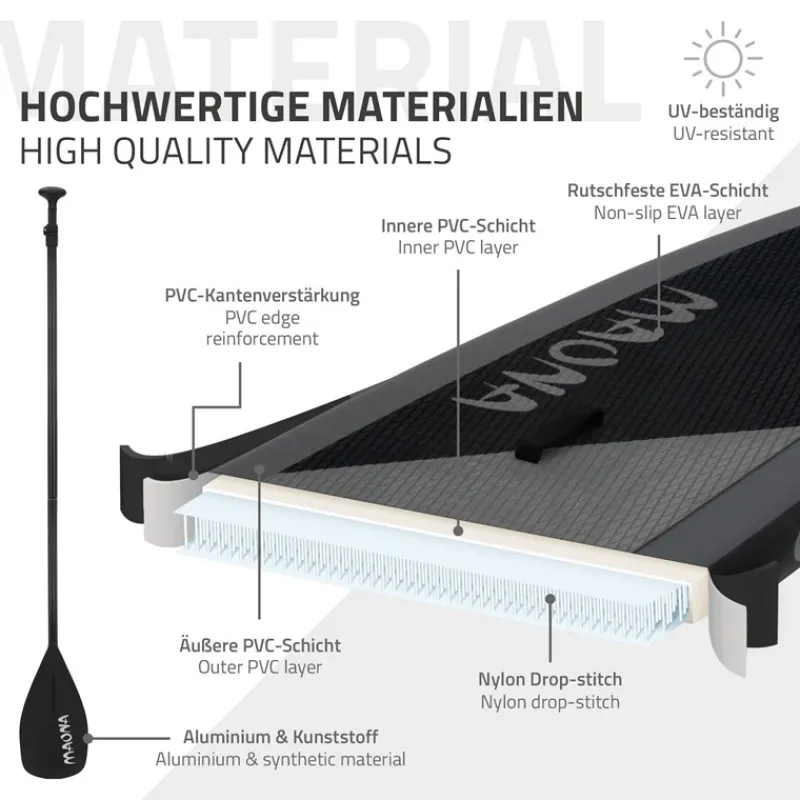 Stand Up Paddle aufblasbares SUP Board Maona 308x76x10 cm in Schwarz aus PVC inkl. Pumpe und Tragetasche-ECD Germany Clearance