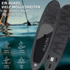Stand Up Paddle aufblasbares SUP Board Maona 308x76x10 cm in Schwarz aus PVC inkl. Pumpe und Tragetasche-ECD Germany Clearance