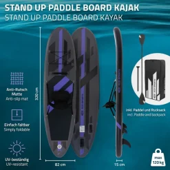 Stand Up Paddle aufblasbares SUP Board mit Kajak Sitz 320x82x15 cm in Schwarz aus PVC inkl. Pumpe und Tragetasche-ECD Germany Online
