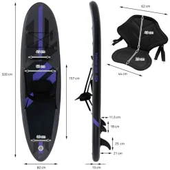 Stand Up Paddle aufblasbares SUP Board mit Kajak Sitz 320x82x15 cm in Schwarz aus PVC inkl. Pumpe und Tragetasche-ECD Germany Online