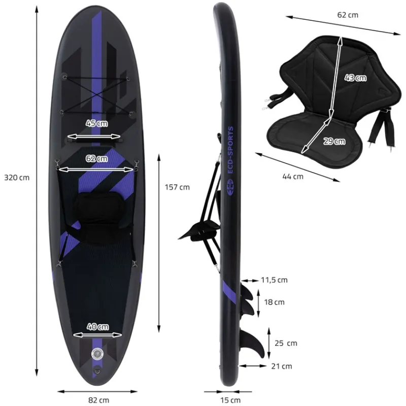 Stand Up Paddle aufblasbares SUP Board mit Kajak Sitz 320x82x15 cm in Schwarz aus PVC inkl. Pumpe und Tragetasche-ECD Germany Online