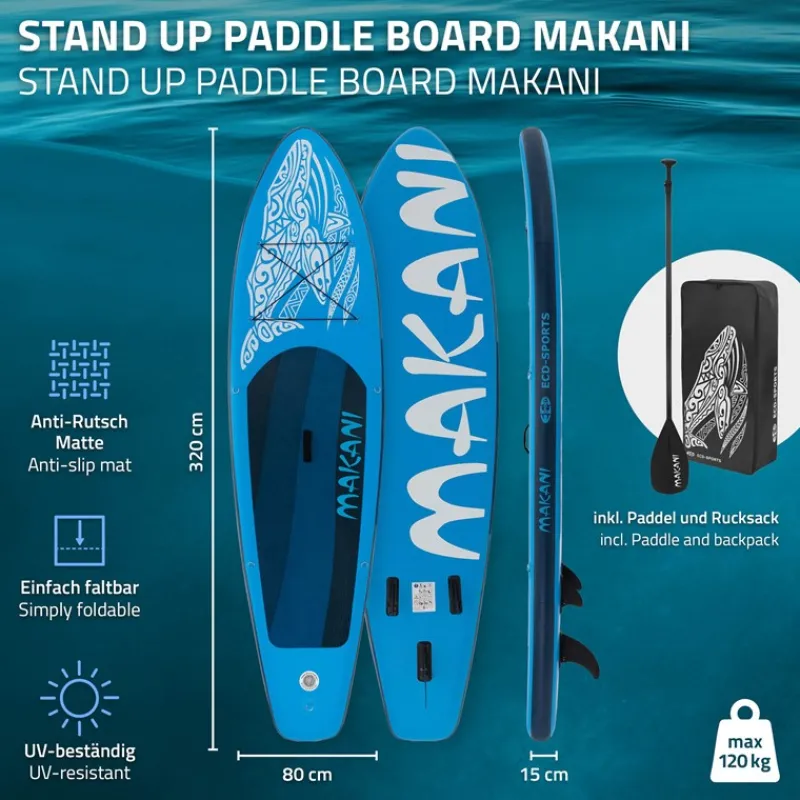 Stand Up Paddle aufblasbares SUP Board Makani 320x80x15 cm in Blau aus PVC inkl. Pumpe und Tragetasche-ECD Germany Sale
