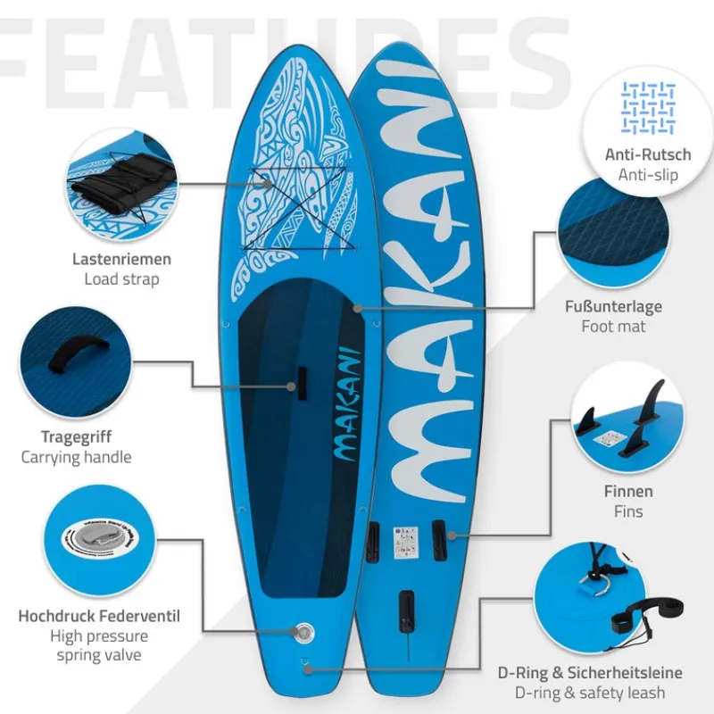 Stand Up Paddle aufblasbares SUP Board Makani 320x80x15 cm in Blau aus PVC inkl. Pumpe und Tragetasche-ECD Germany Sale