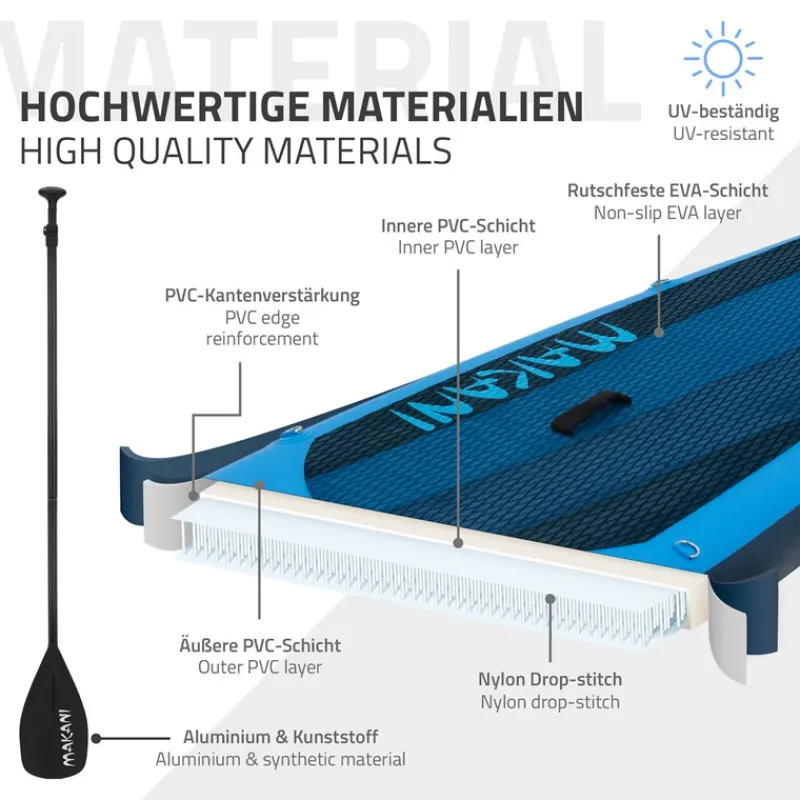 Stand Up Paddle aufblasbares SUP Board Makani 320x80x15 cm in Blau aus PVC inkl. Pumpe und Tragetasche-ECD Germany Sale